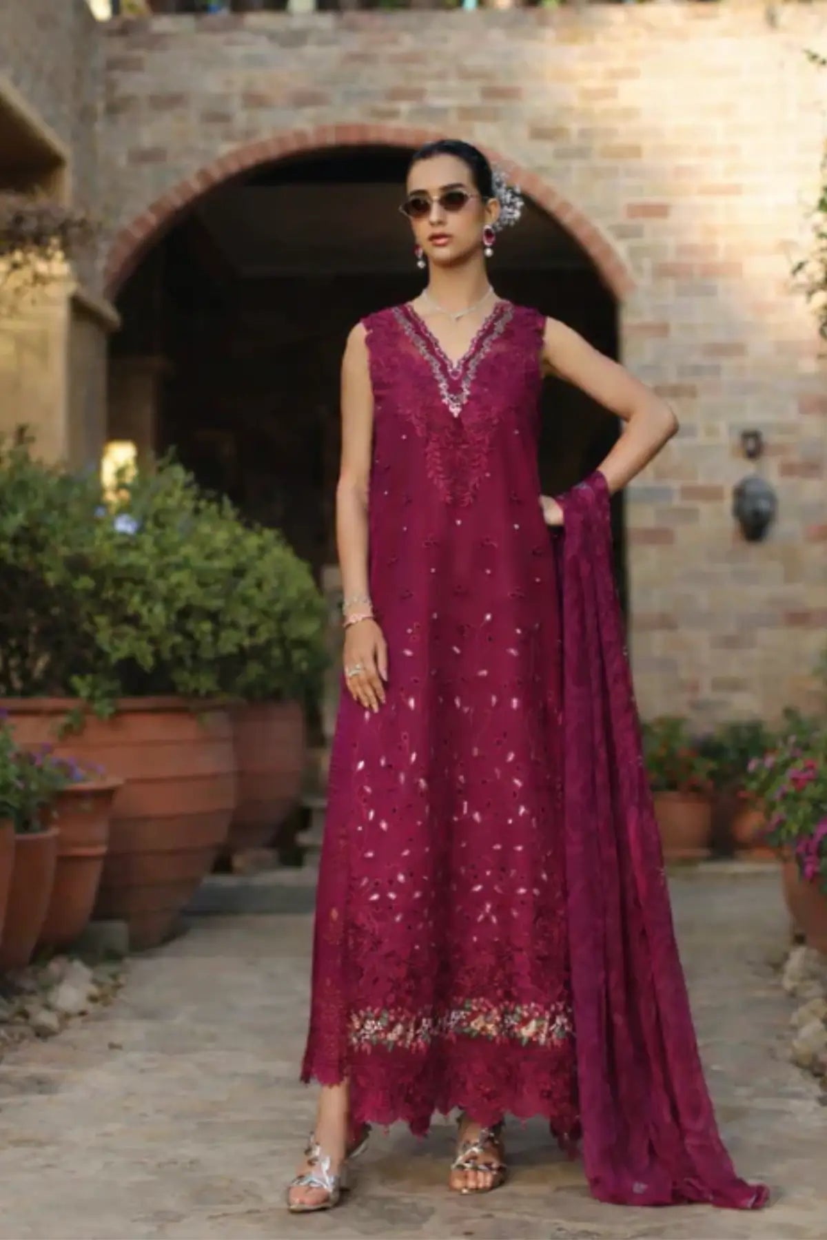 Saadia Asad Zelina D6-A fuchsia stitched lawn suit with chiffon dupatta Noor Luxury Eid Schiffli ’26