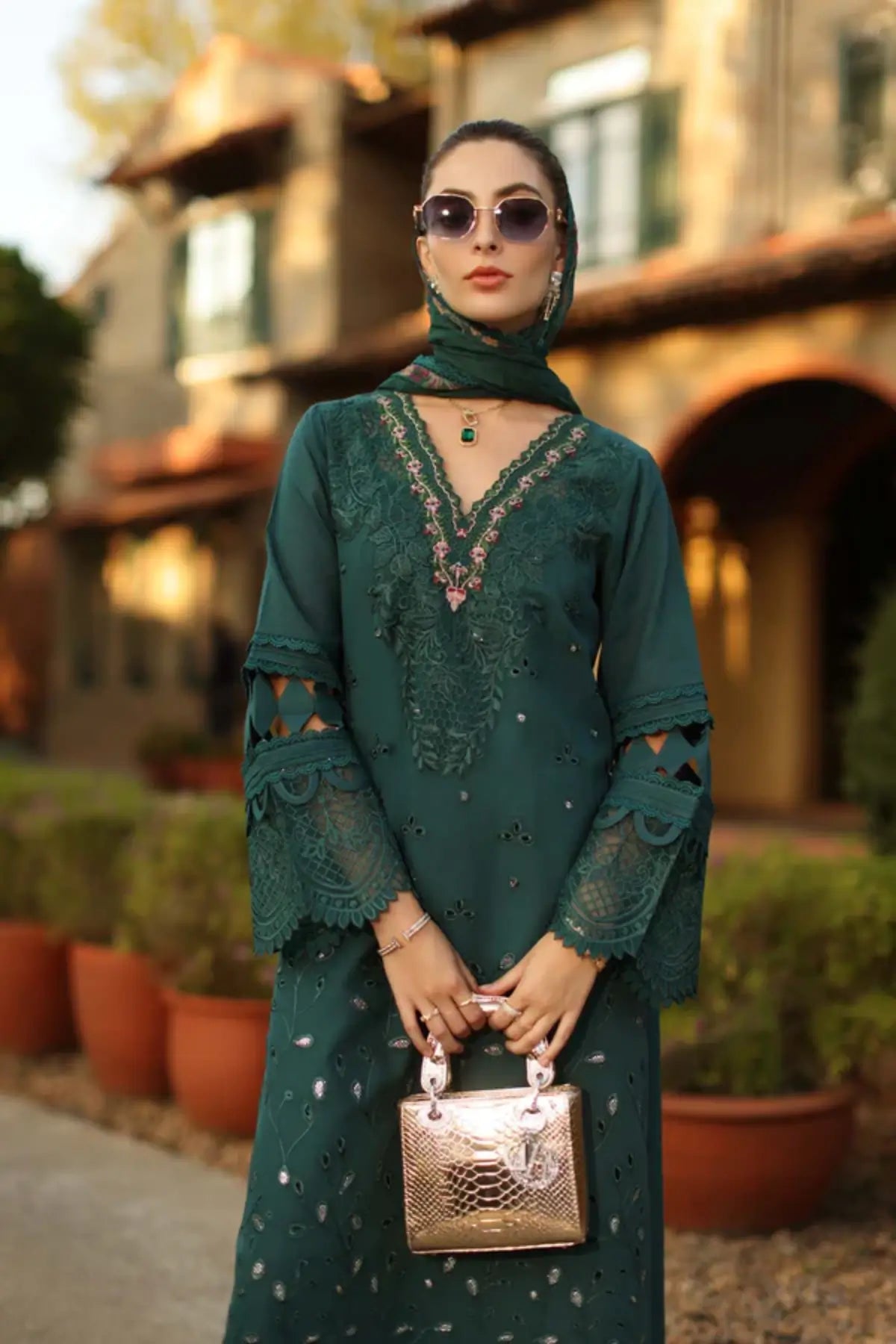 Saadia Asad Zelina D6-B teal stitched lawn suit with chiffon dupatta Noor Luxury Eid Schiffli ’26