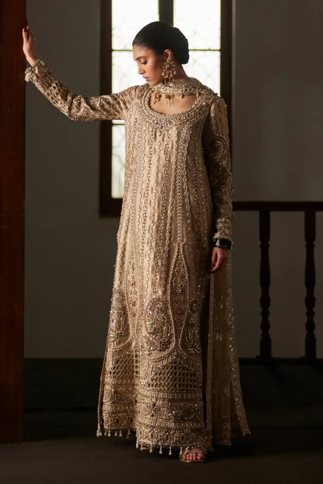 Zely beige tissue formal suit with culottes by Saad Bin Shahzad featuring zardozi, sheesha work and sequined dupatta