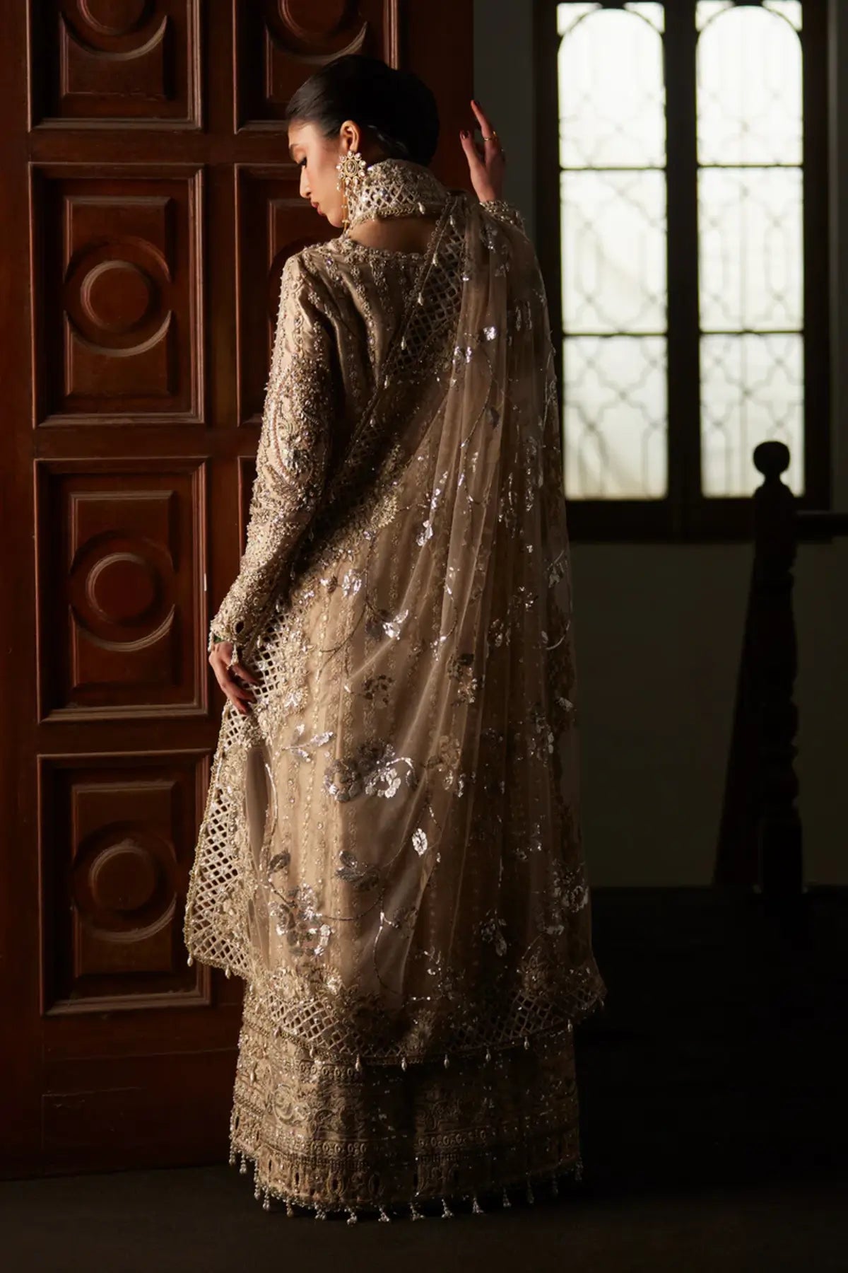 Zely beige tissue formal suit with culottes by Saad Bin Shahzad featuring zardozi, sheesha work and sequined dupatta