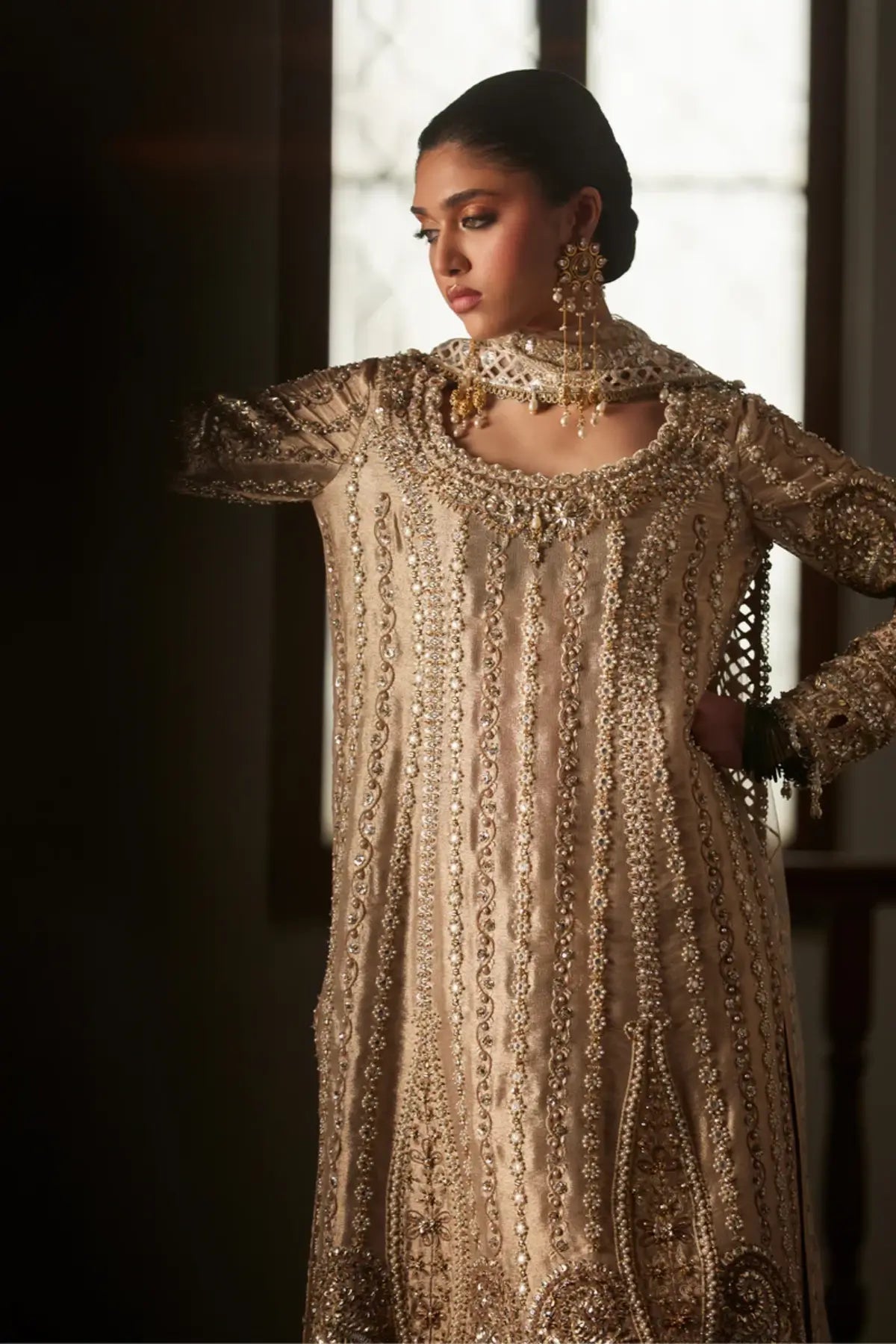 Zely beige tissue formal suit with culottes by Saad Bin Shahzad featuring zardozi, sheesha work and sequined dupatta
