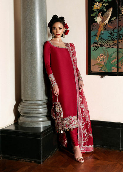 Red raw silk formal shirt with churidar and embroidered organza dupatta – Zephira Pakistani outfit at Pakistanimoda