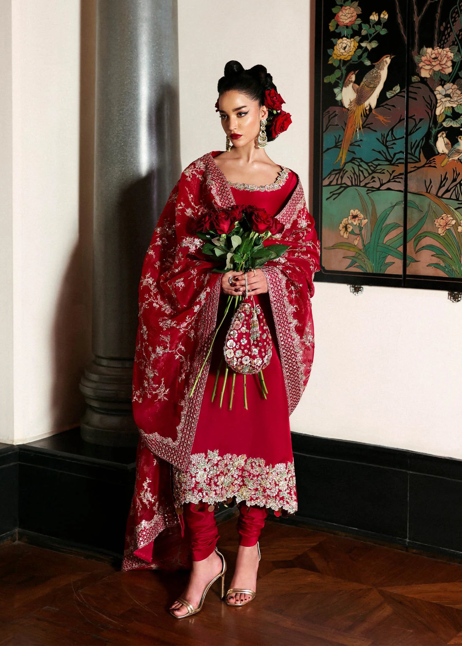 Red raw silk formal shirt with churidar and embroidered organza dupatta – Zephira Pakistani outfit at Pakistanimoda