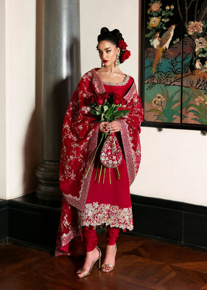 Red raw silk formal shirt with churidar and embroidered organza dupatta – Zephira Pakistani outfit at Pakistanimoda