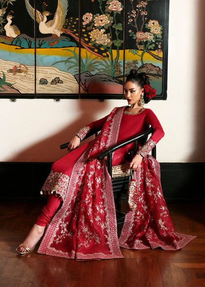 Red raw silk formal shirt with churidar and embroidered organza dupatta – Zephira Pakistani outfit at Pakistanimoda