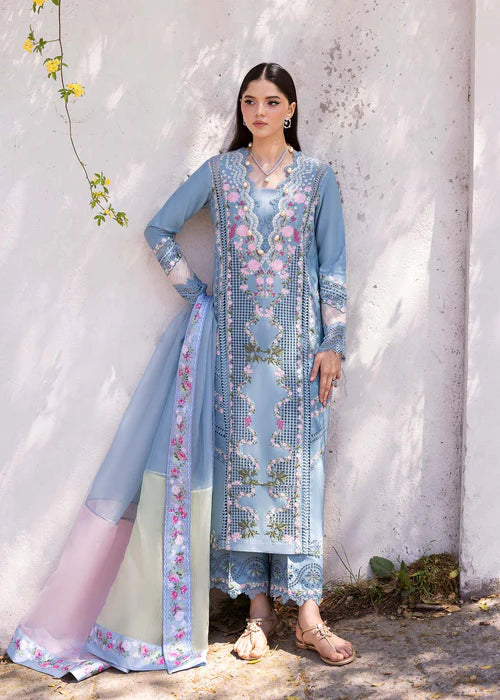 Zerene 1-B Embroidered Blue Lawn Suit – Elegant Floral Party Wear with Pre-Stitched Dupatta-US, Canada & UK