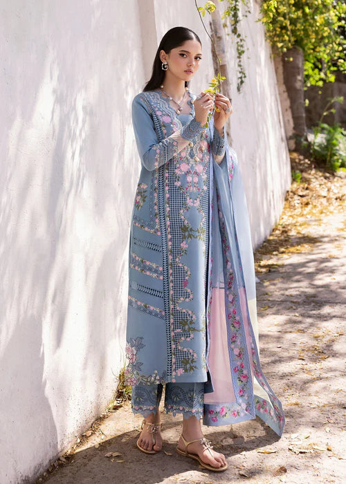 Zerene 1-B Embroidered Blue Lawn Suit – Elegant Floral Party Wear with Pre-Stitched Dupatta-US, Canada & UK