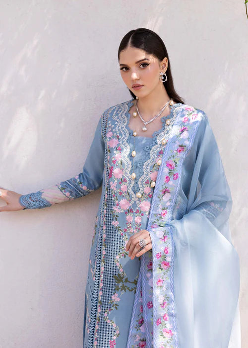 Zerene 1-B Embroidered Blue Lawn Suit – Elegant Floral Party Wear with Pre-Stitched Dupatta-US, Canada & UK