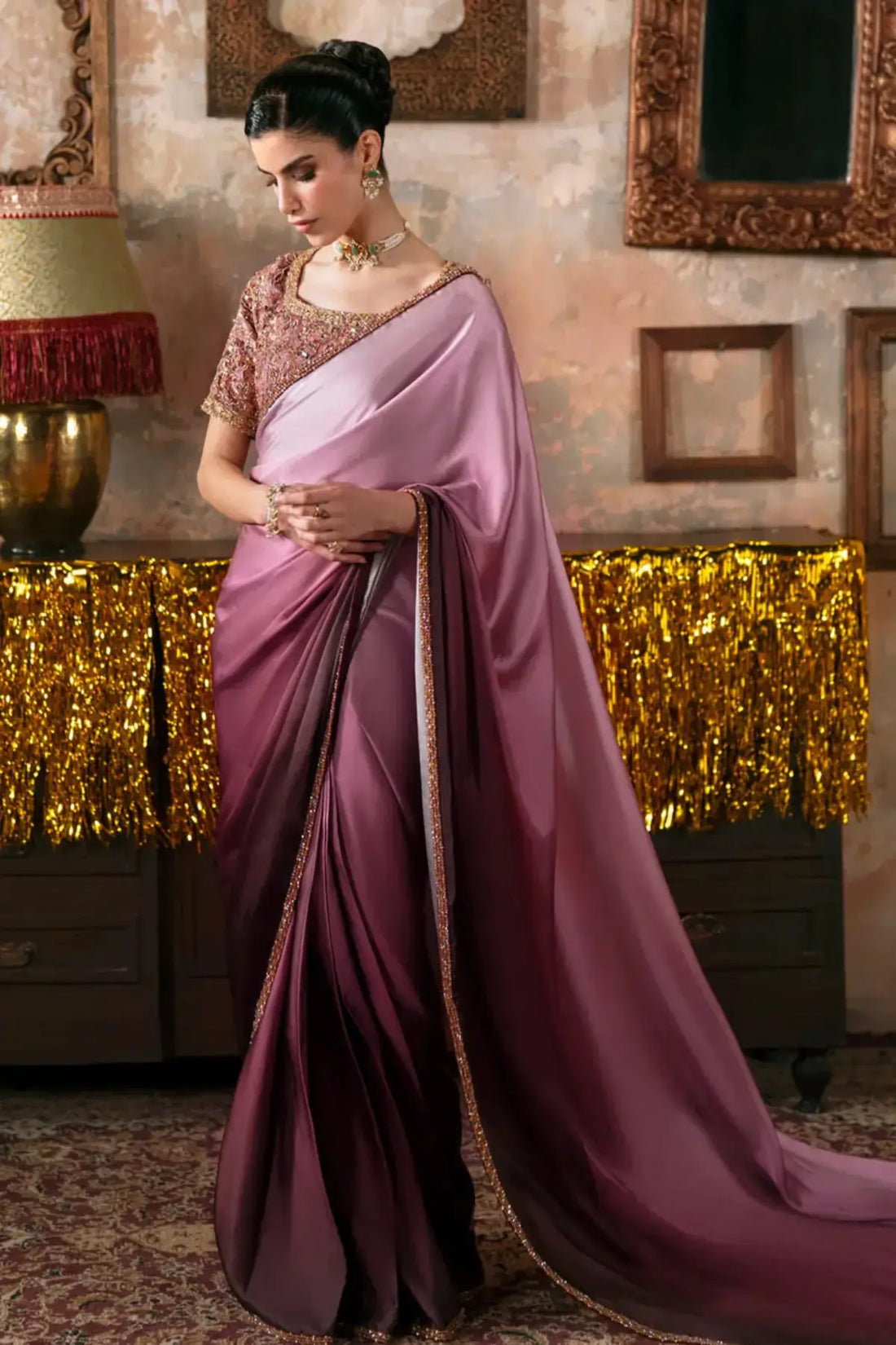 Zermine Maya Pret tea pink burgundy pre draped Eid saree