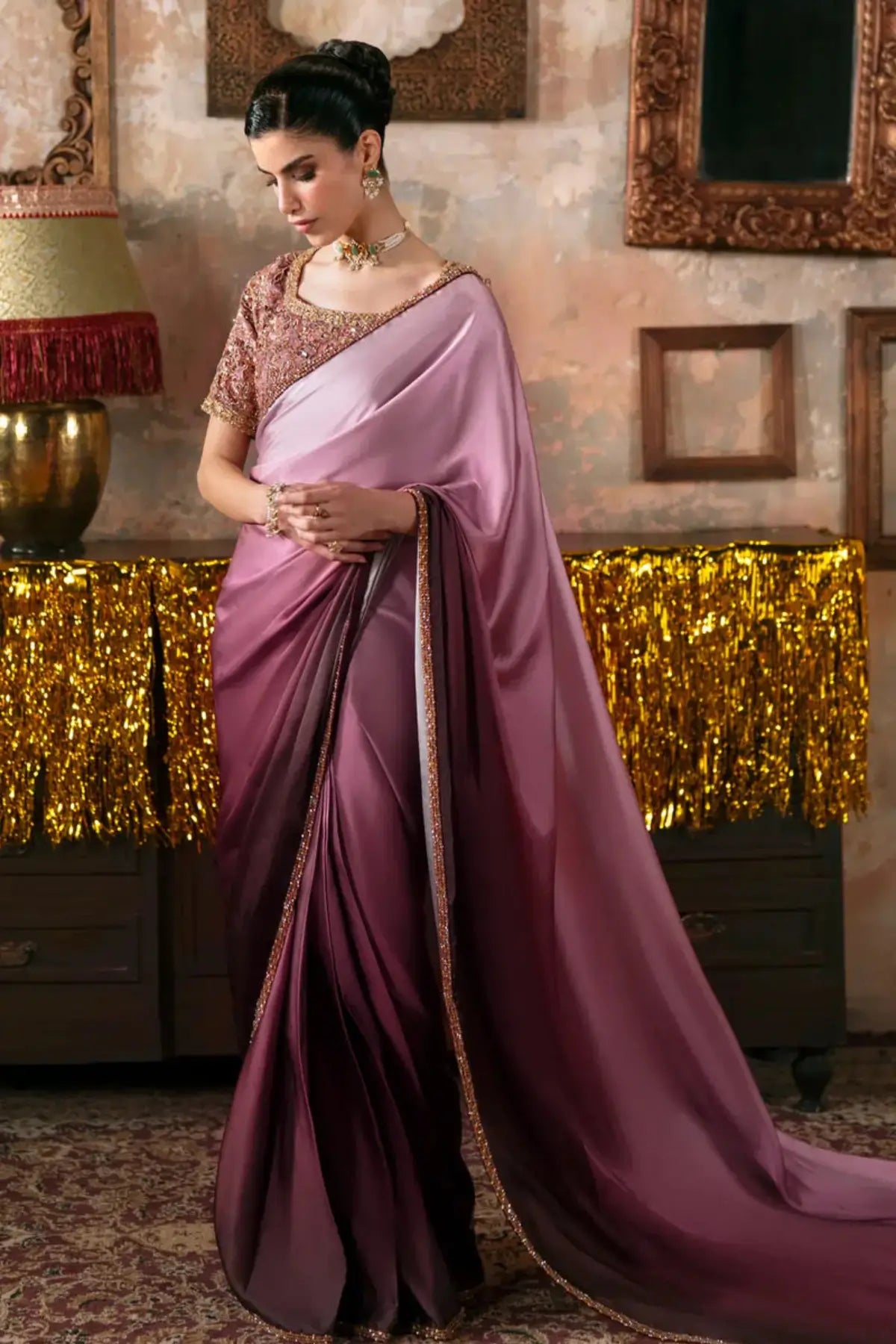 Zermine Maya Pret tea pink burgundy pre draped Eid saree