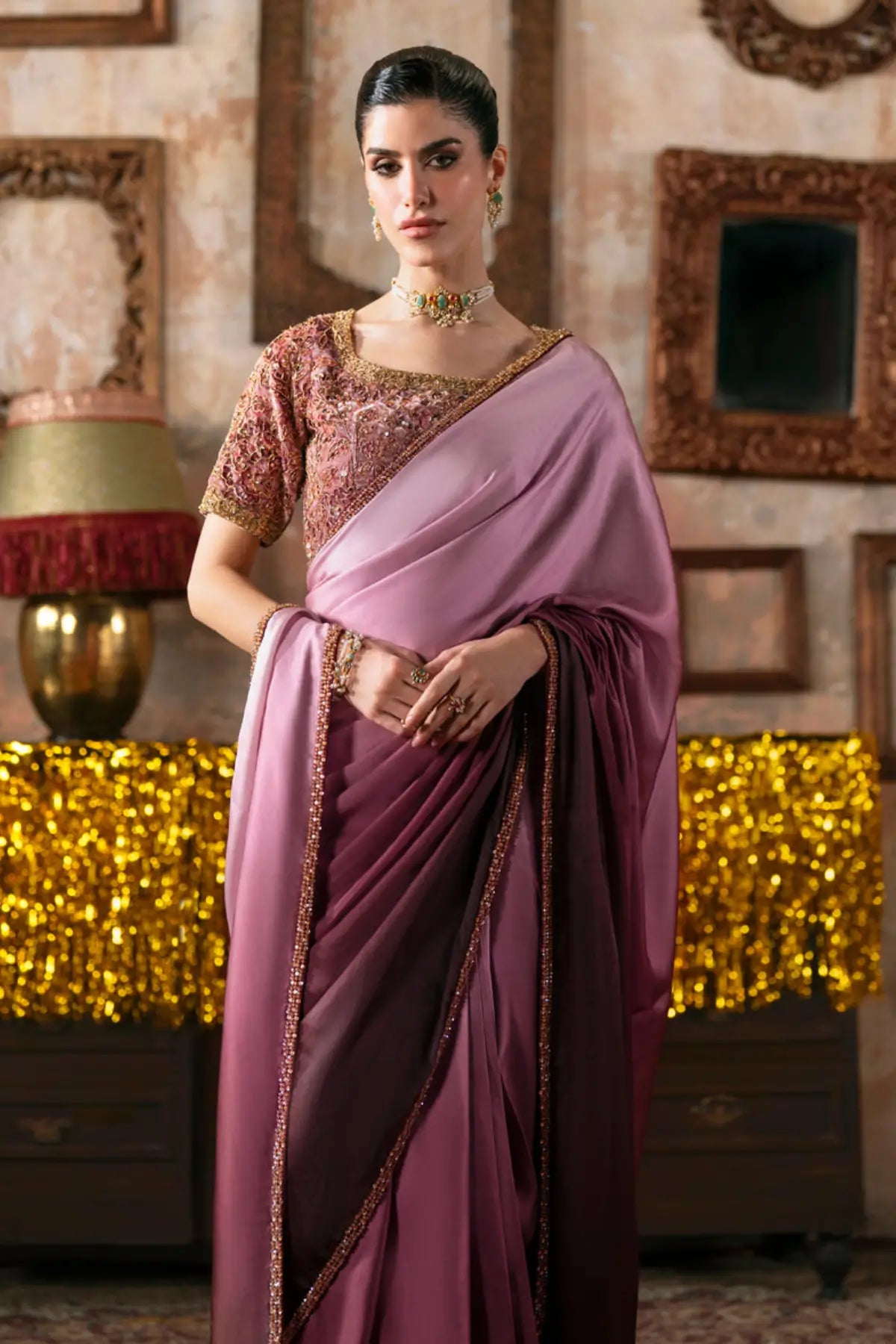 Zermine Maya Pret tea pink burgundy pre draped Eid saree
