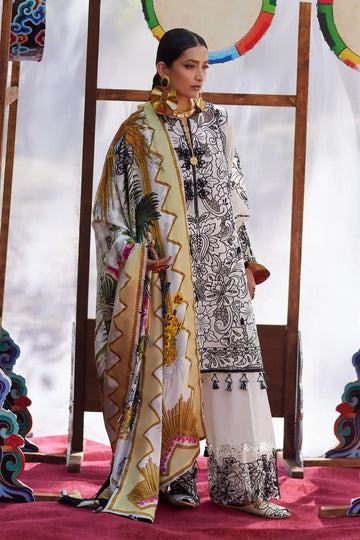 Zevaré EL26-07 B ivory floral Élan Lawn'26 stitched 3PC suit with silk dupatta