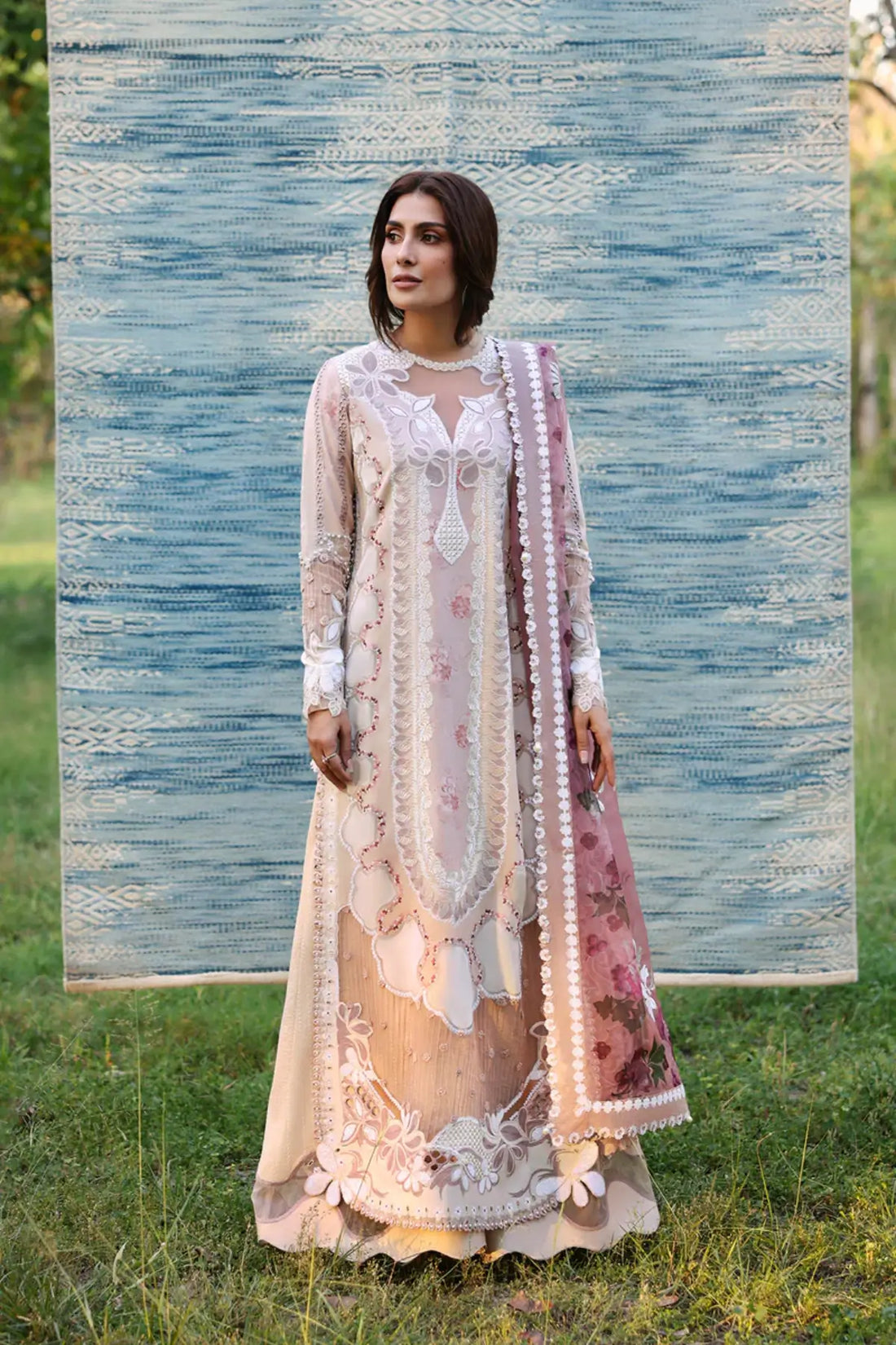Zeyam coffee printed A Lawn 2026 stitched 3PC suit by Afrozeh with embroidered organza dupatta for festive wear