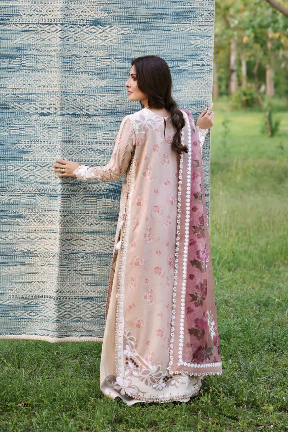 Zeyam coffee printed A Lawn 2026 stitched 3PC suit by Afrozeh with embroidered organza dupatta for festive wear