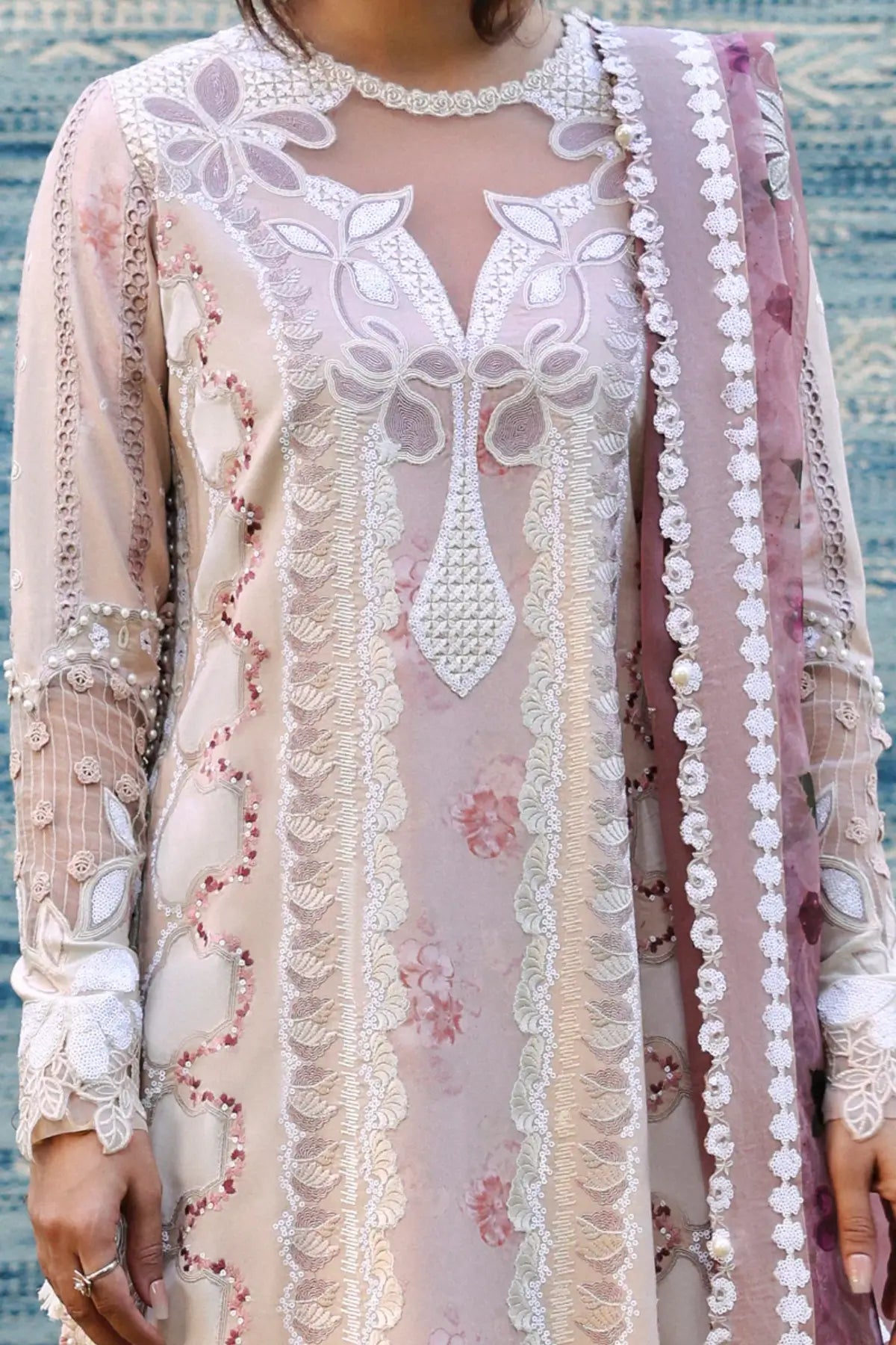 Zeyam coffee printed A Lawn 2026 stitched 3PC suit by Afrozeh with embroidered organza dupatta for festive wear