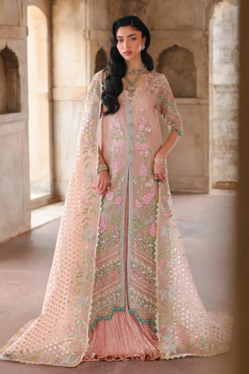 Saira Shakira Wedding Zinnia pink embroidered organza jacket formal suit with crushed Lama tissue dress and foil printed dupatta