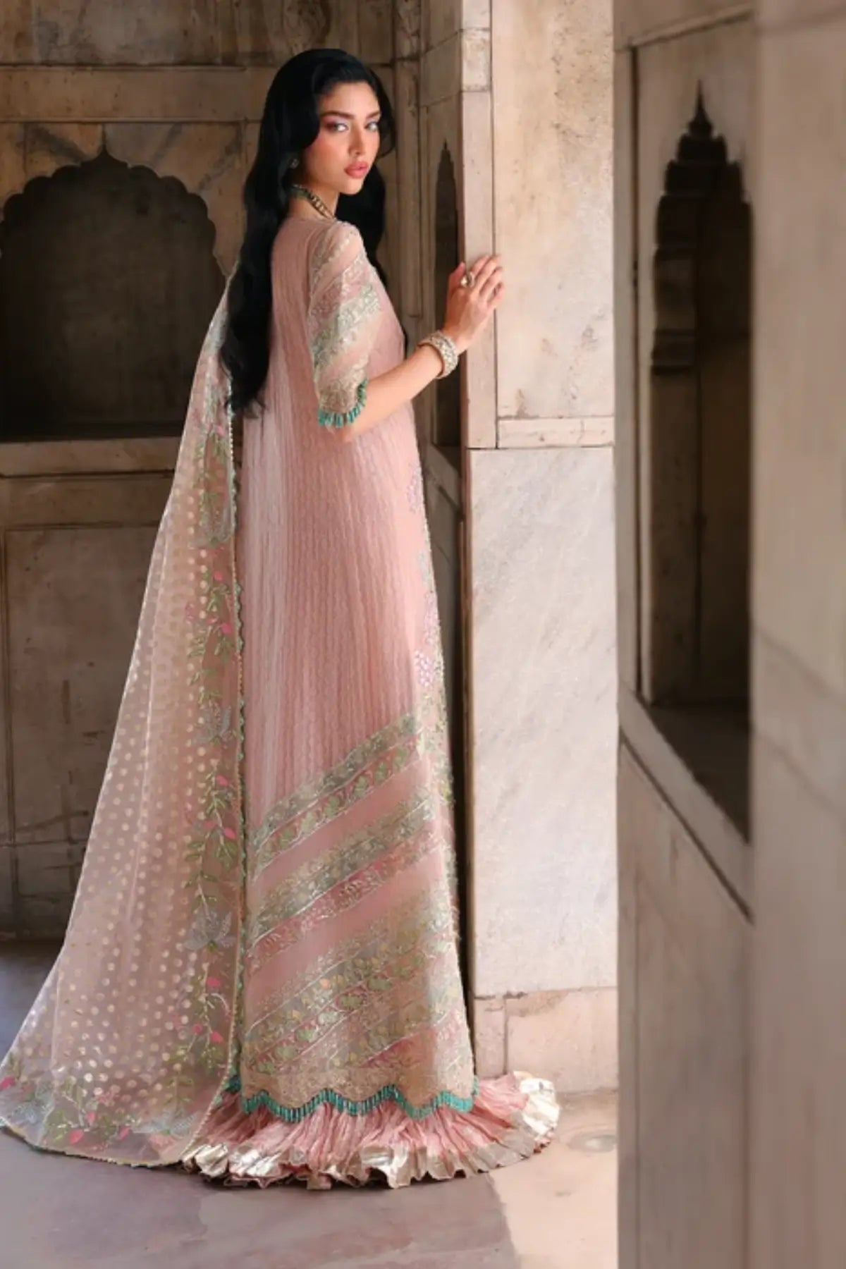 Saira Shakira Wedding Zinnia pink embroidered organza jacket formal suit with crushed Lama tissue dress and foil printed dupatta