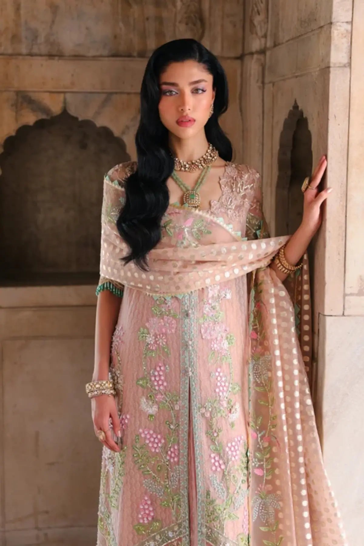 Saira Shakira Wedding Zinnia pink embroidered organza jacket formal suit with crushed Lama tissue dress and foil printed dupatta