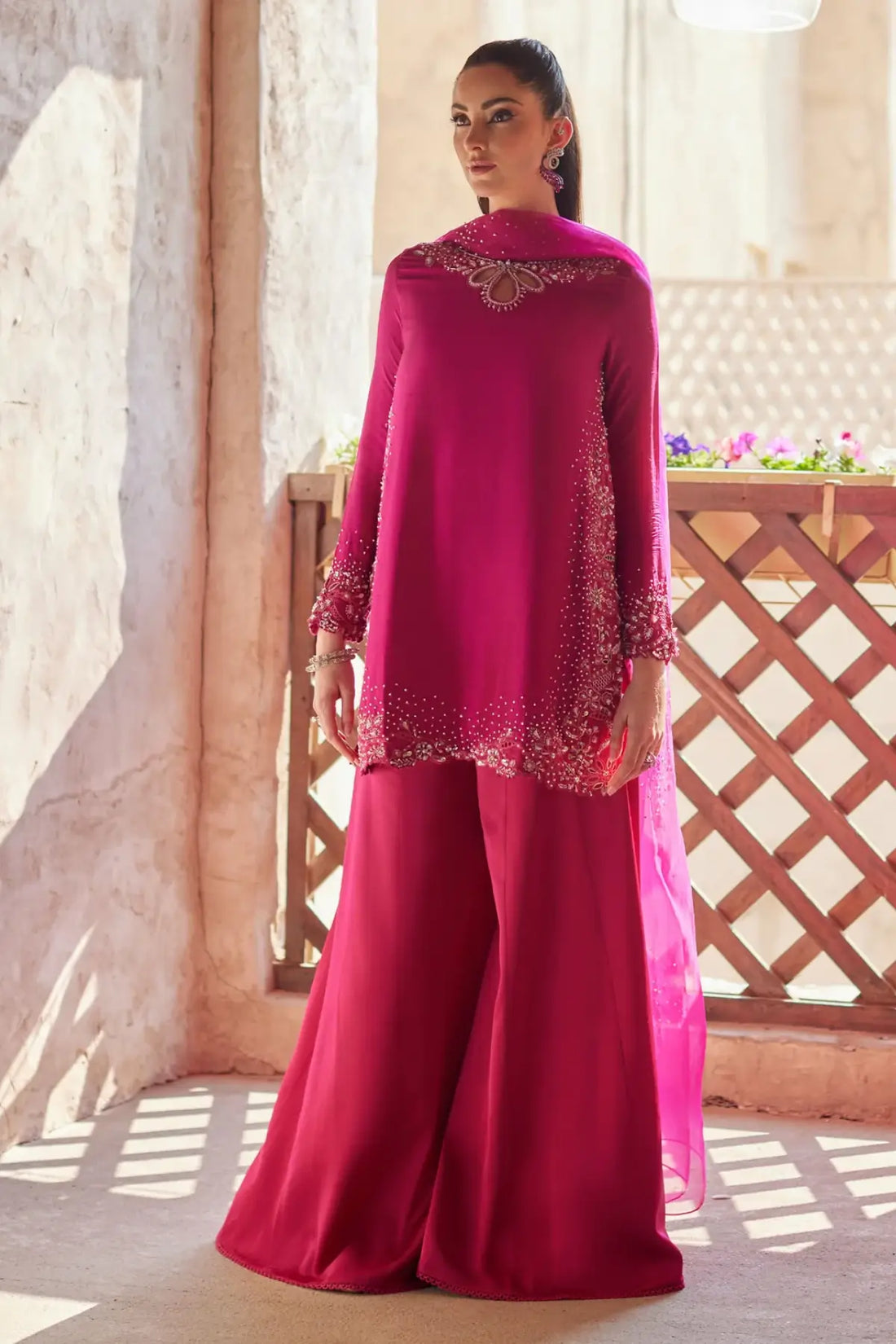 Ziva by Kanwal Malik Ghina luxury pret shocking pink raw silk designer sharara suit with organza dupatta Pakistanimoda
