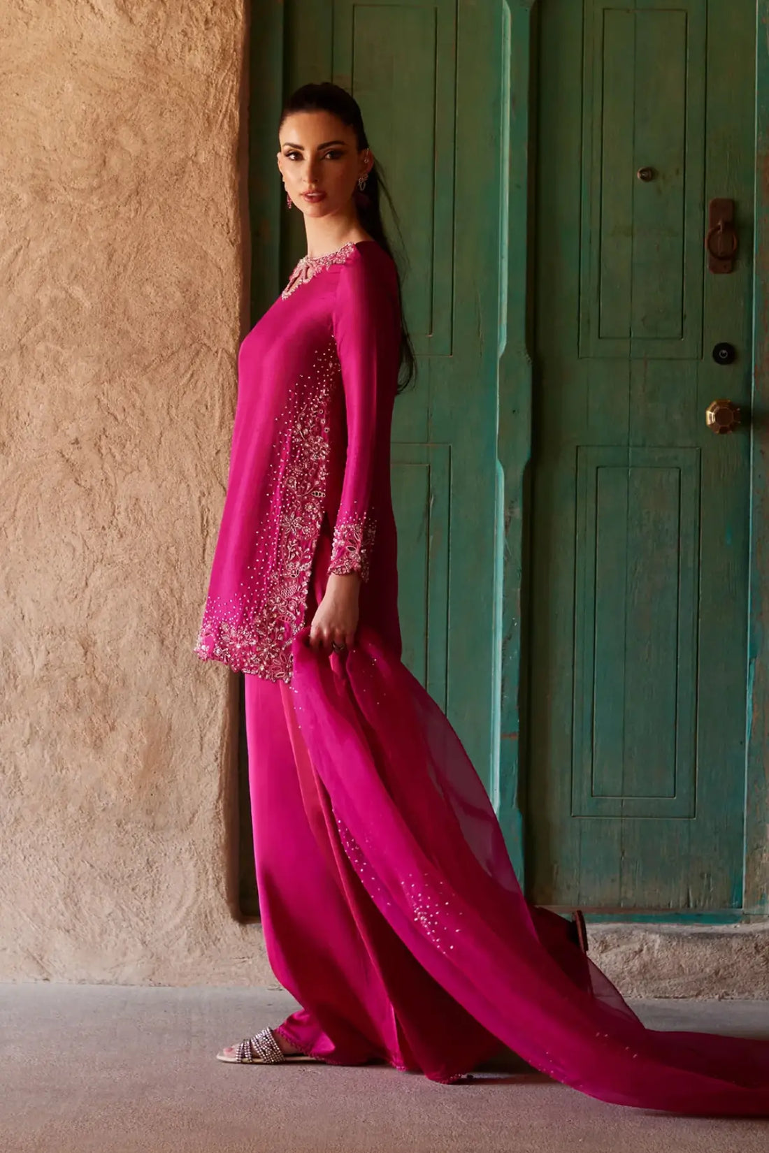 Ziva by Kanwal Malik Ghina luxury pret shocking pink raw silk designer sharara suit with organza dupatta Pakistanimoda