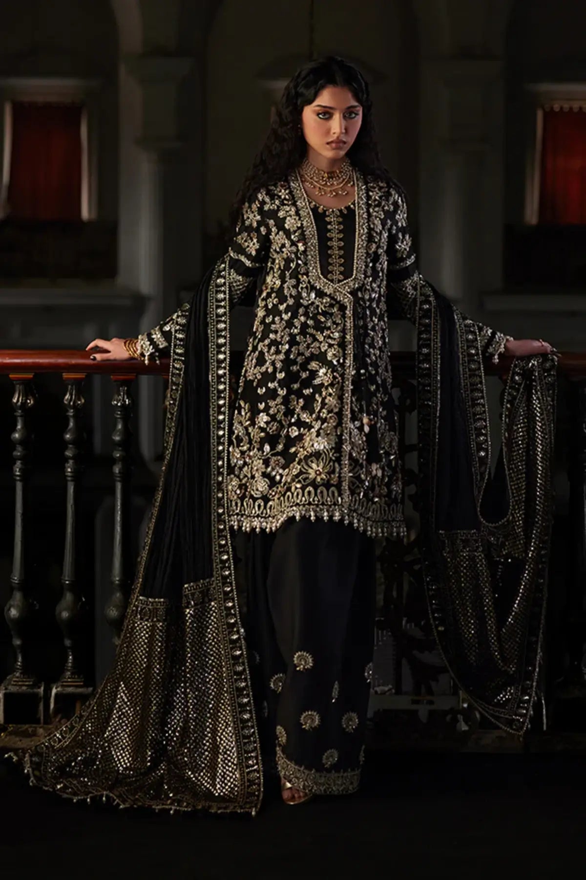 Zivra black hand embellished angrakha formal dress by Saad Bin Shahzad with zardozi work and crush dupatta
