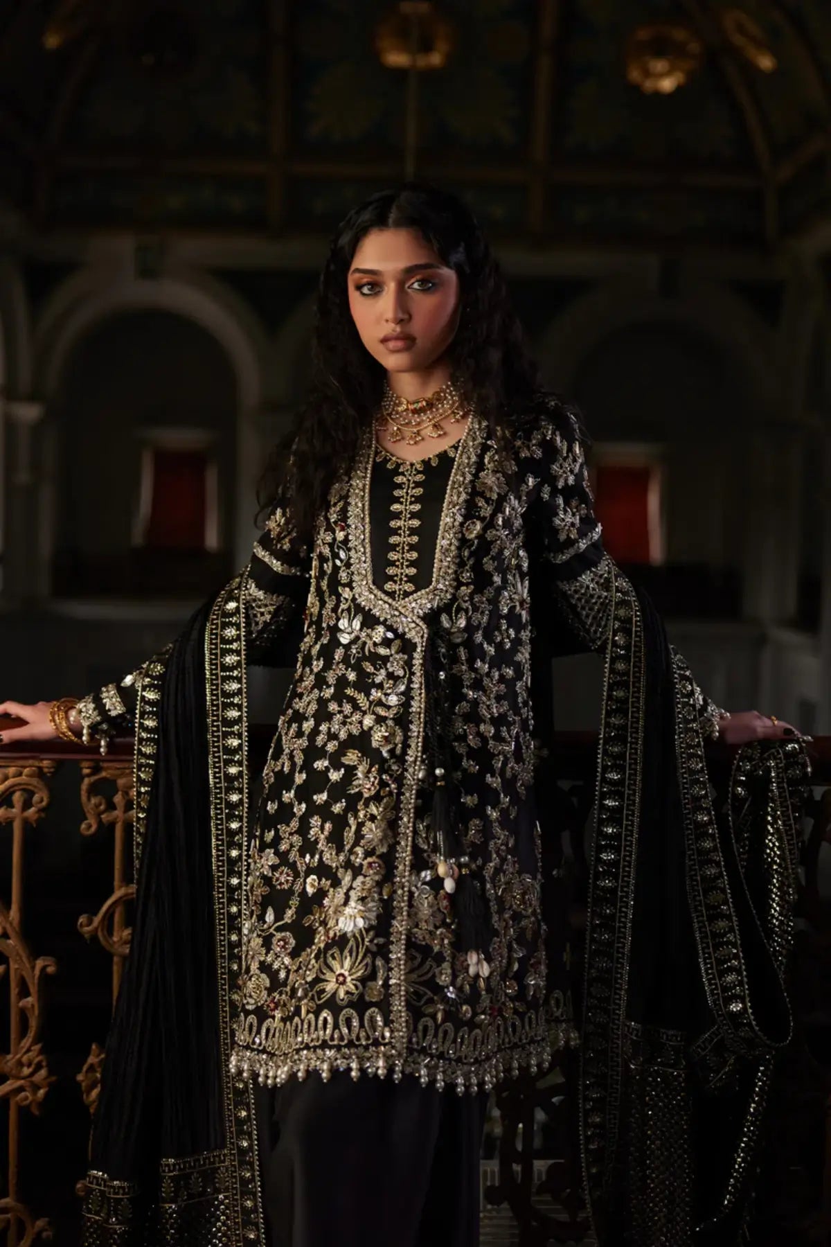 Zivra black hand embellished angrakha formal dress by Saad Bin Shahzad with zardozi work and crush dupatta