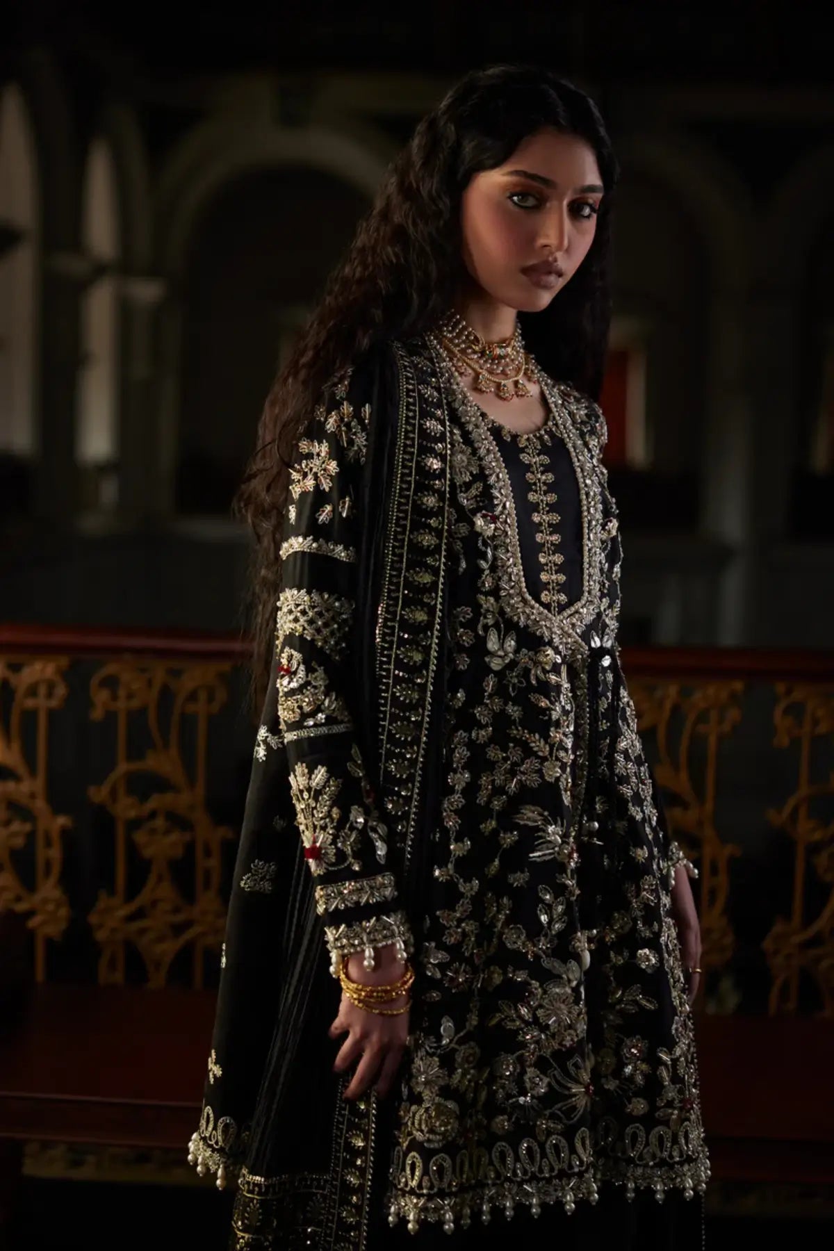 Zivra black hand embellished angrakha formal dress by Saad Bin Shahzad with zardozi work and crush dupatta