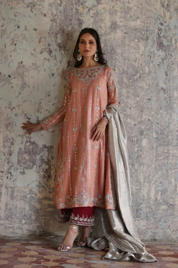 Ziyana Peach Pink Mukesh Silk Net Pakistani Formal Stitched Suit with Lame Dupatta