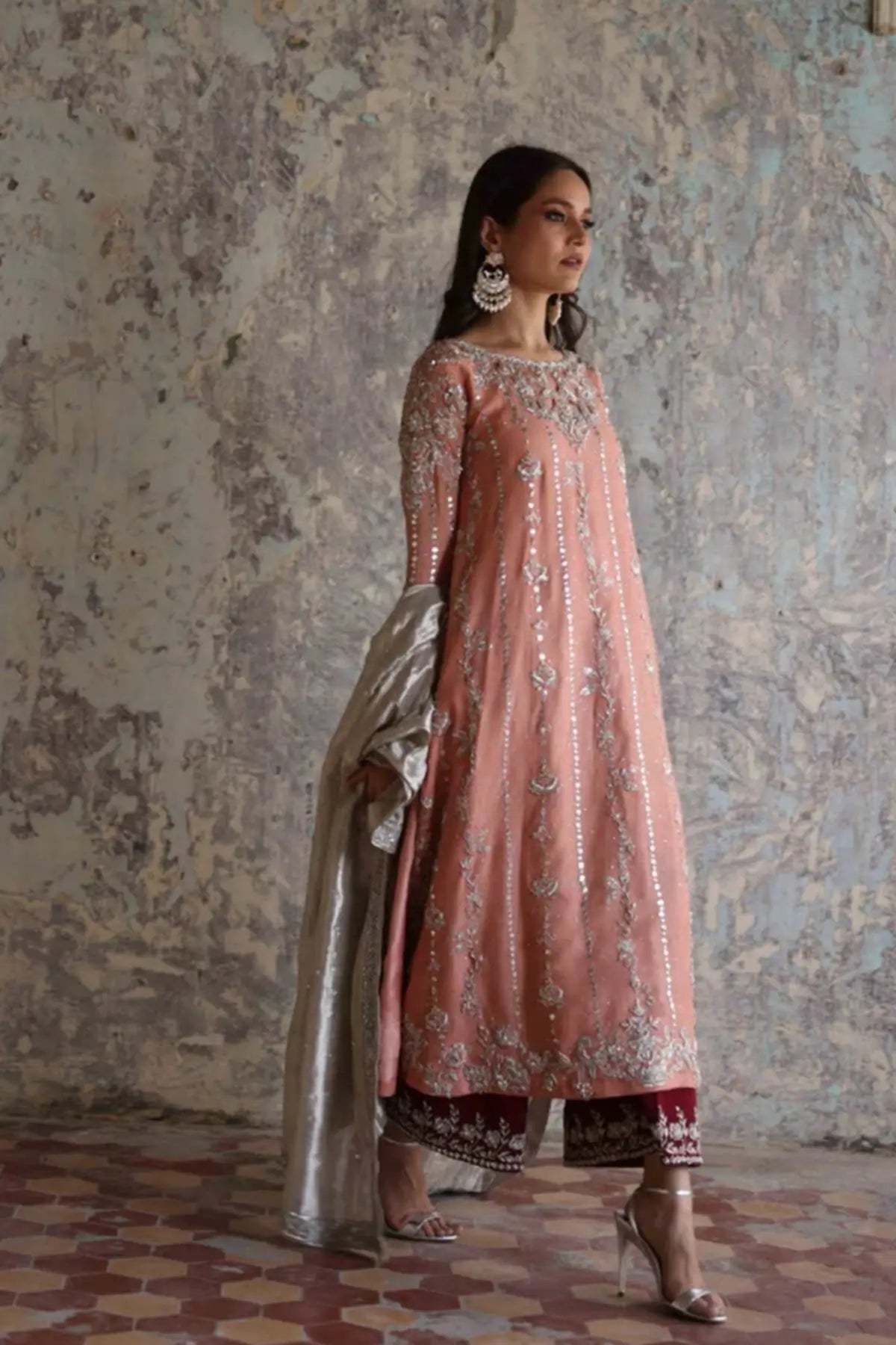 Ziyana Peach Pink Mukesh Silk Net Pakistani Formal Stitched Suit with Lame Dupatta