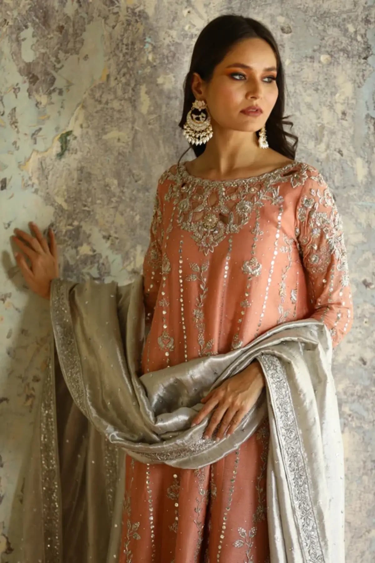 Ziyana Peach Pink Mukesh Silk Net Pakistani Formal Stitched Suit with Lame Dupatta