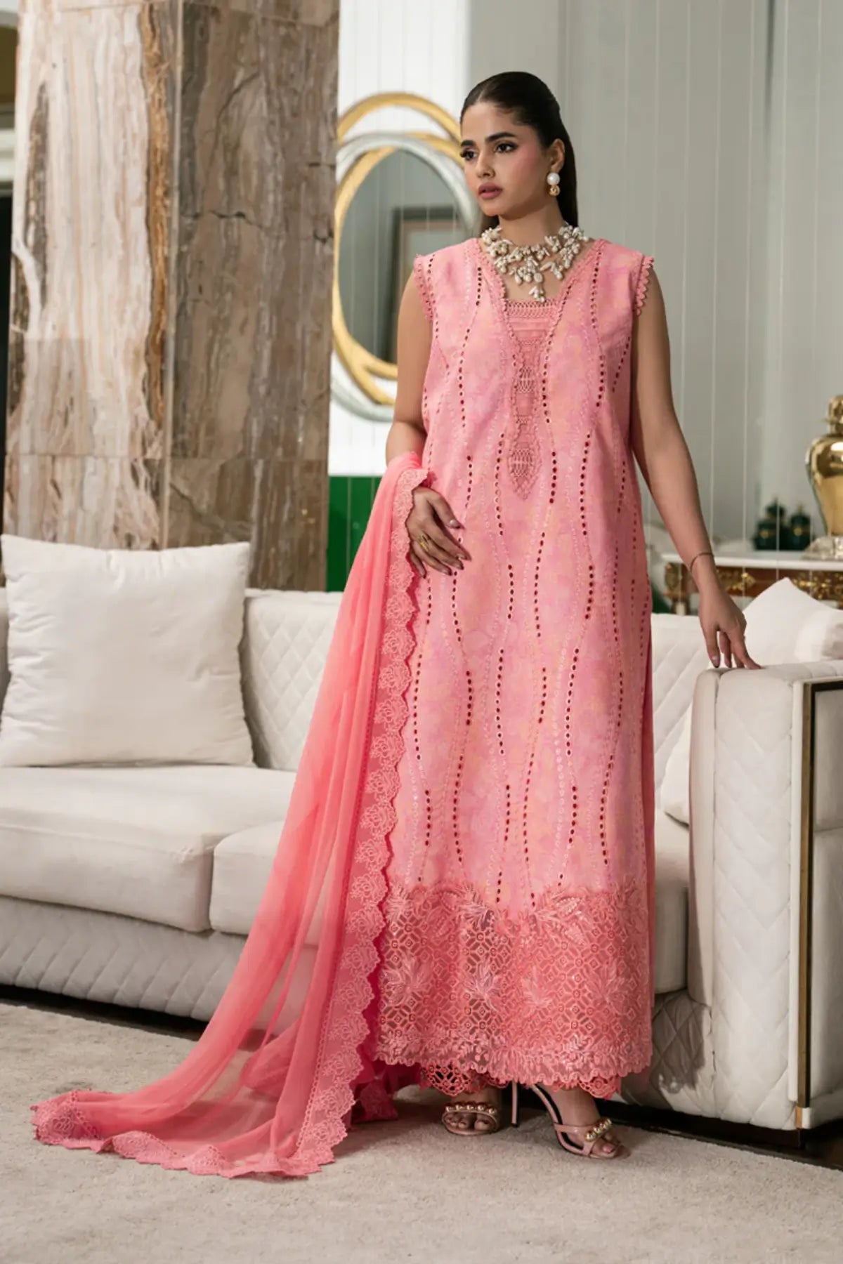 Zoey peachy pink stitched lawn summer 3PC suit by Rang Rasiya Carnation Eid Edit 2026 with chiffon dupatta