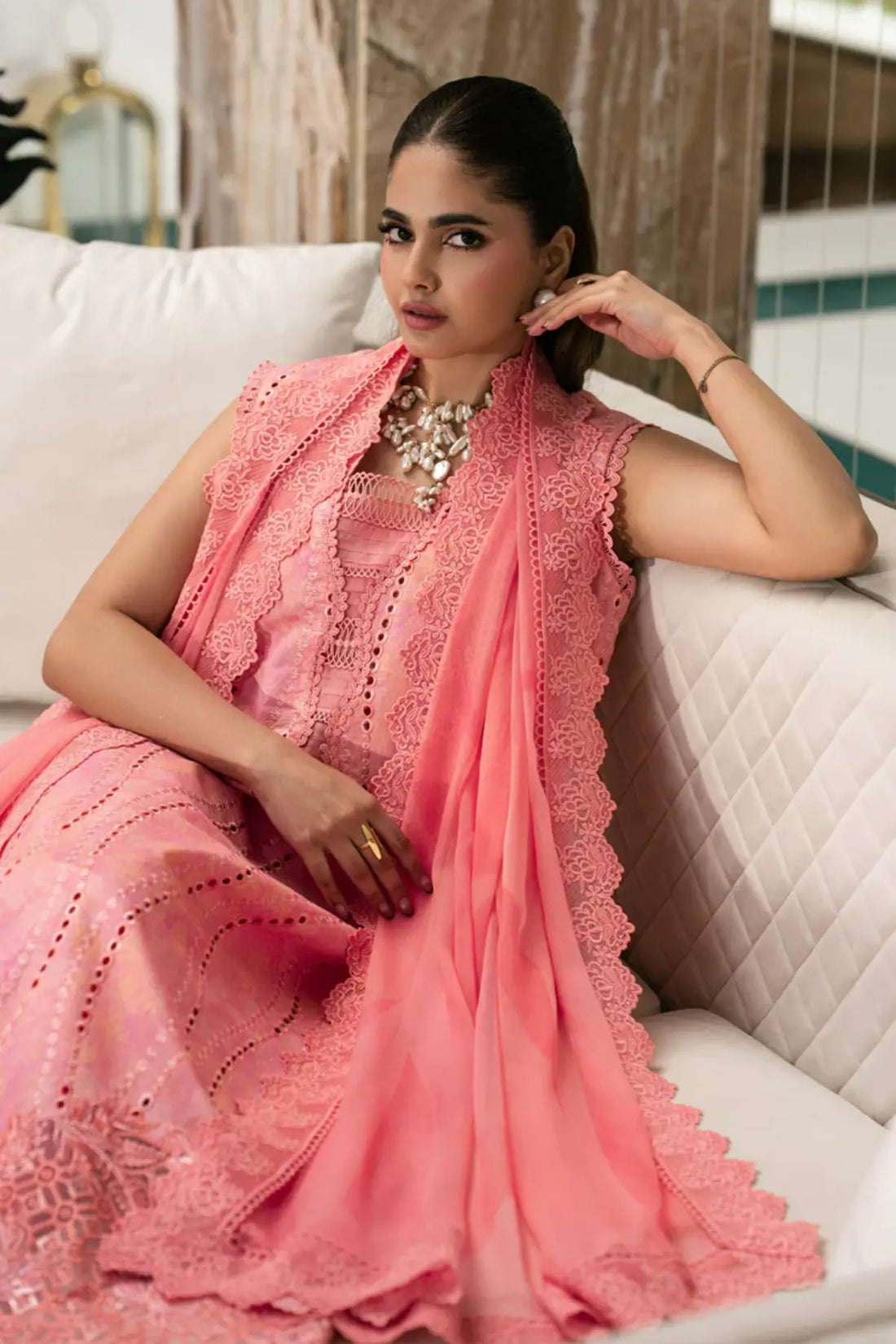 Zoey peachy pink stitched lawn summer 3PC suit by Rang Rasiya Carnation Eid Edit 2026 with chiffon dupatta