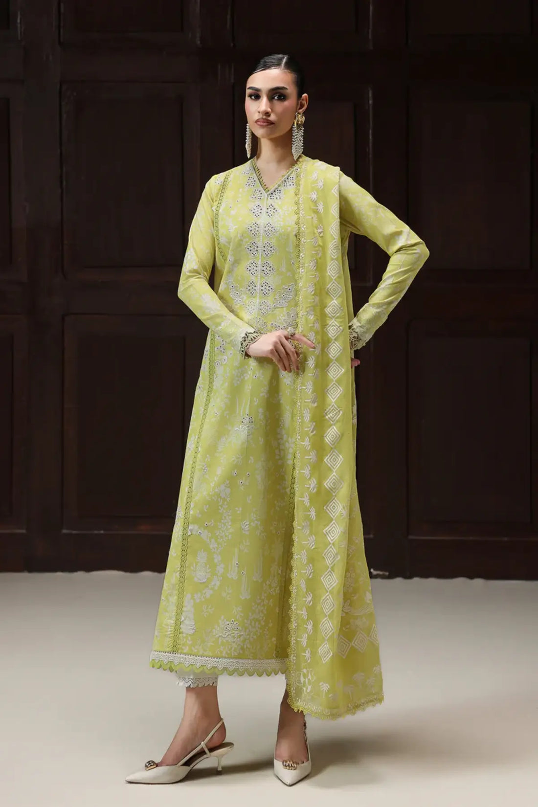 Zohra QQP-06(B) by Qalamkar lime green lawn stitched 3PC suit with embroidered front, printed chiffon dupatta, and plain cotton trousers.