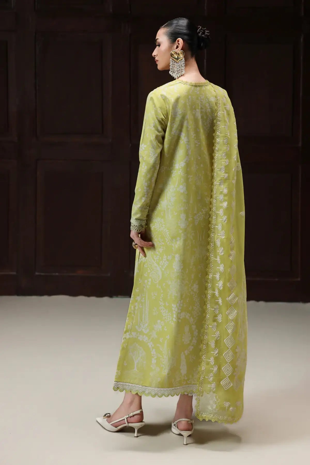 Zohra QQP-06(B) by Qalamkar lime green lawn stitched 3PC suit with embroidered front, printed chiffon dupatta, and plain cotton trousers.
