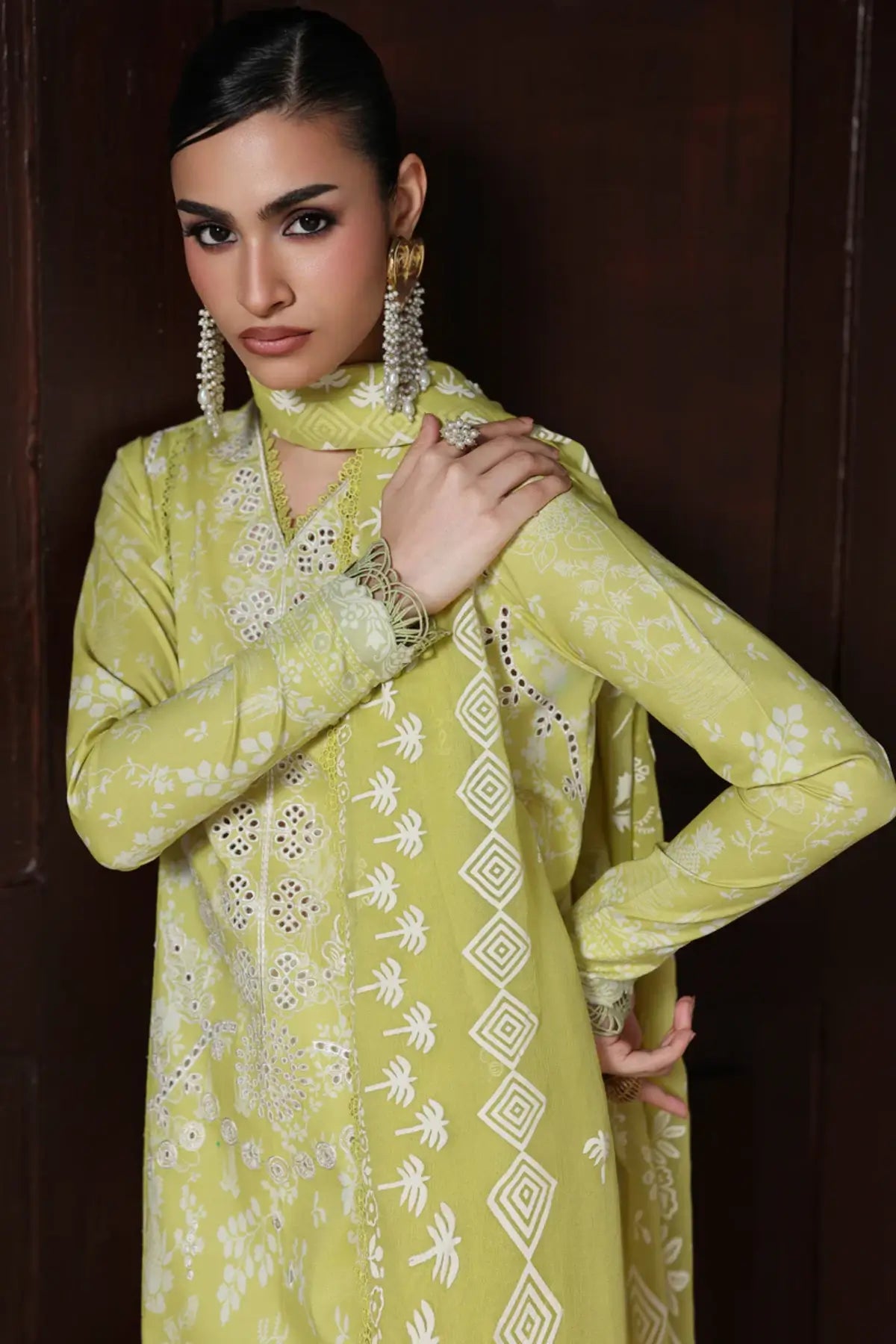 Zohra QQP-06(B) by Qalamkar lime green lawn stitched 3PC suit with embroidered front, printed chiffon dupatta, and plain cotton trousers.