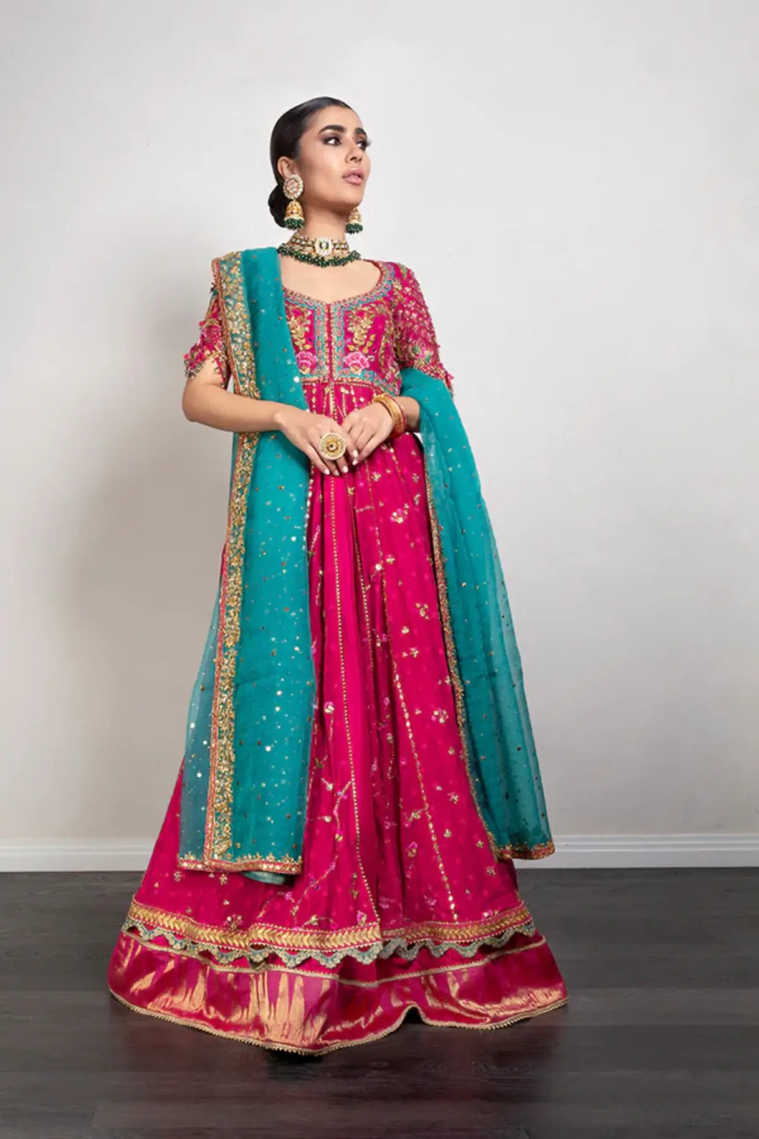 Zohra Hot Pink Embellished Pakistani Wedding Stitched Pishwas with Zardozi Floral Work and Contrasting Teal Organza Dupatta