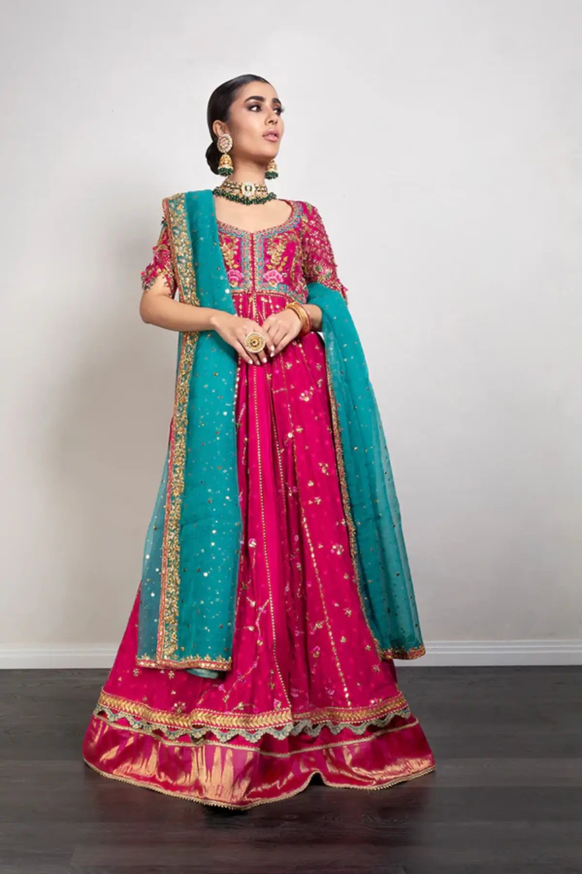 Zohra Hot Pink Embellished Pakistani Wedding Stitched Pishwas with Zardozi Floral Work and Contrasting Teal Organza Dupatta