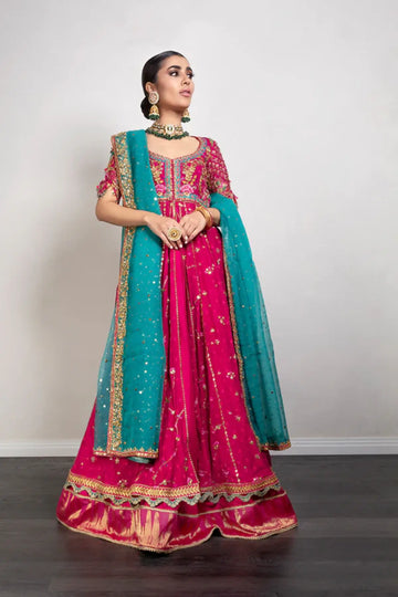 Zohra Hot Pink Embellished Pakistani Wedding Stitched Pishwas with Zardozi Floral Work and Contrasting Teal Organza Dupatta