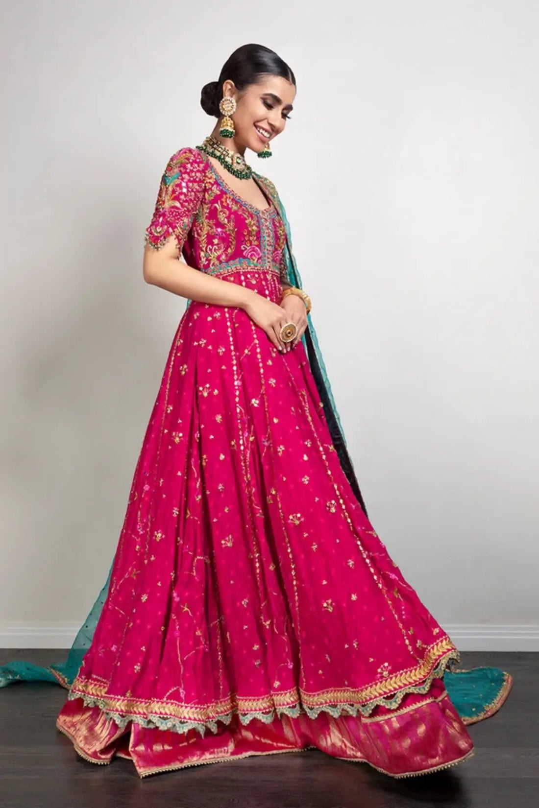 Zohra Hot Pink Embellished Pakistani Wedding Stitched Pishwas with Zardozi Floral Work and Contrasting Teal Organza Dupatta