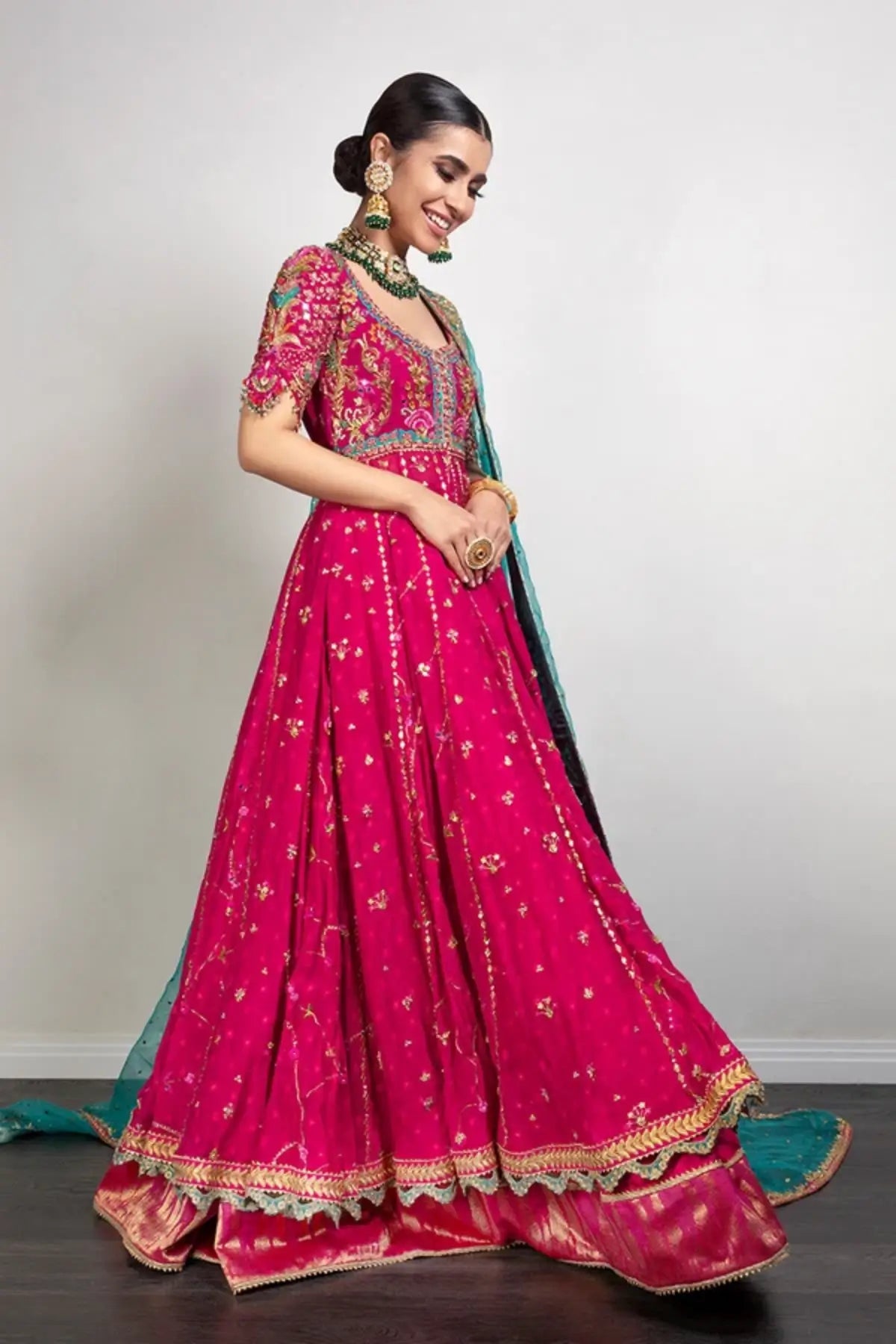 Zohra Hot Pink Embellished Pakistani Wedding Stitched Pishwas with Zardozi Floral Work and Contrasting Teal Organza Dupatta