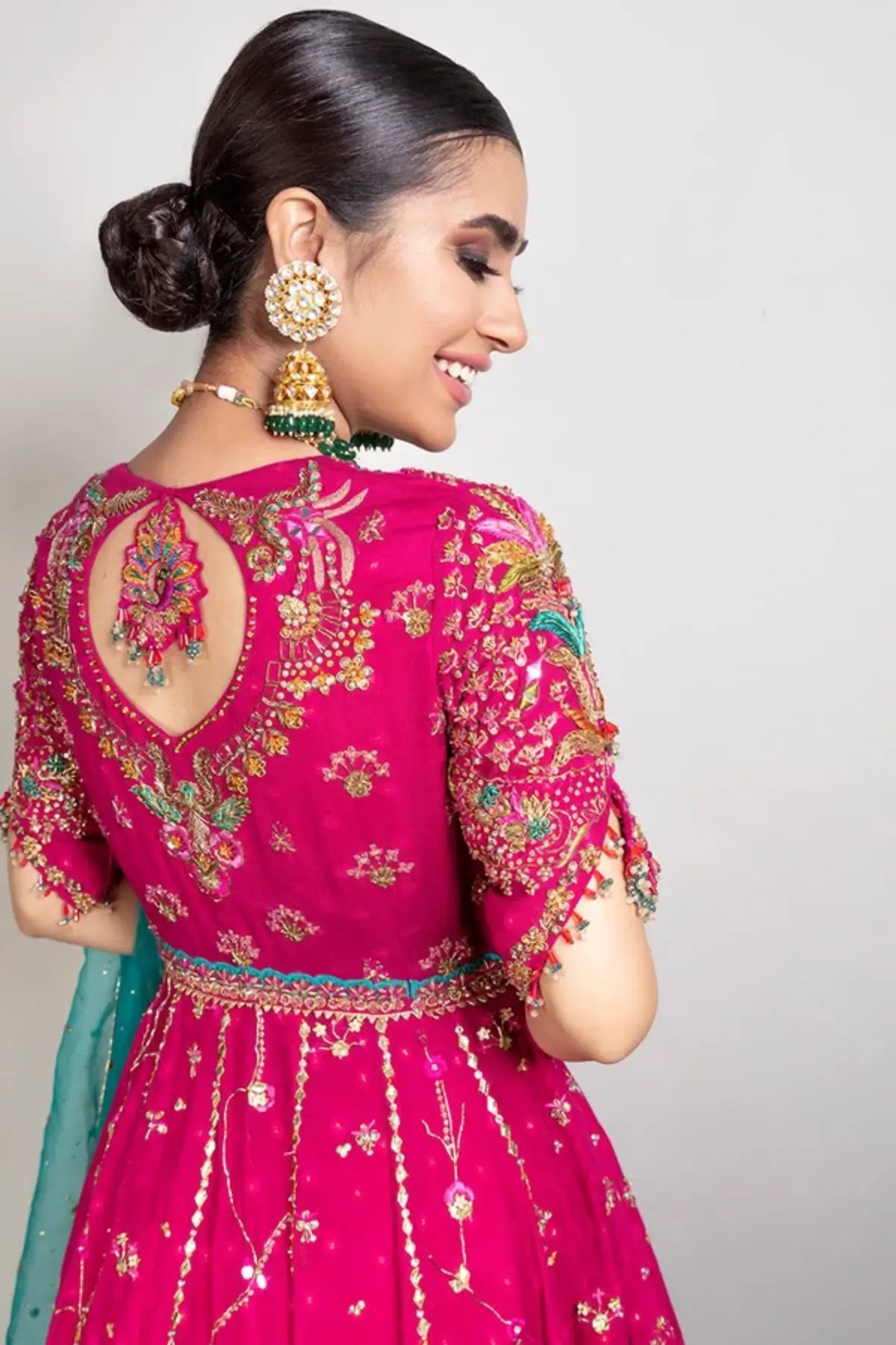Zohra Hot Pink Embellished Pakistani Wedding Stitched Pishwas with Zardozi Floral Work and Contrasting Teal Organza Dupatta