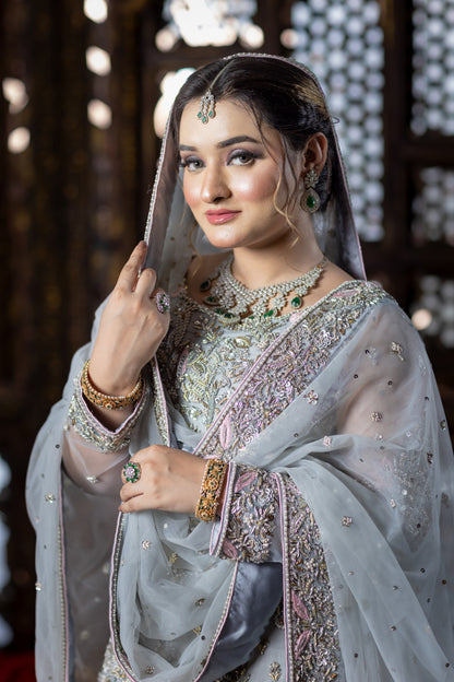 Zohra sky blue and pink organza bridal dress with dupatta & lehenga – Nikah & Walima bridal wear by MariamRaj.com.