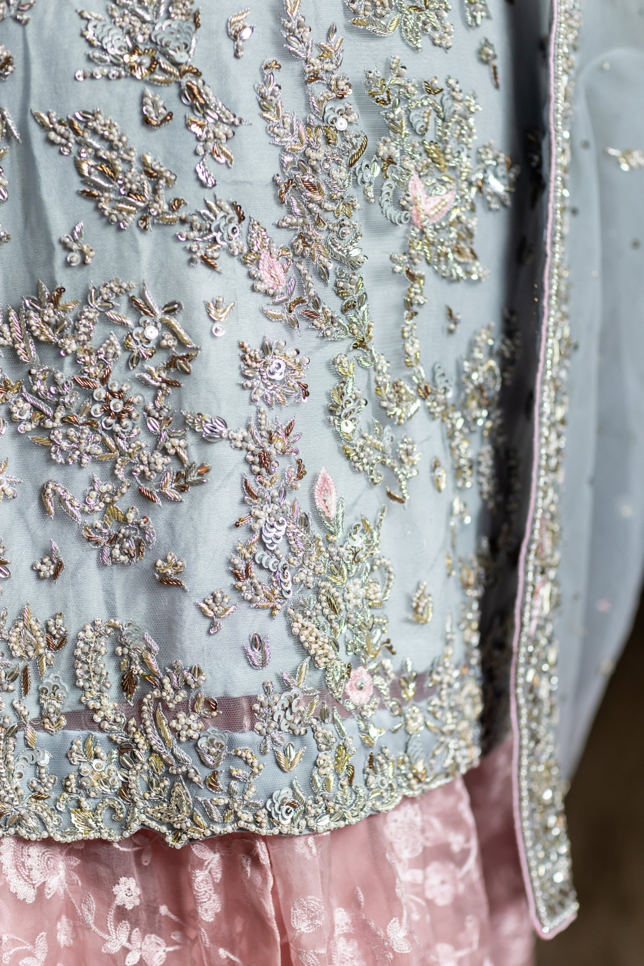 Zohra sky blue and pink organza bridal dress with dupatta & lehenga – Nikah & Walima bridal wear by MariamRaj.com.