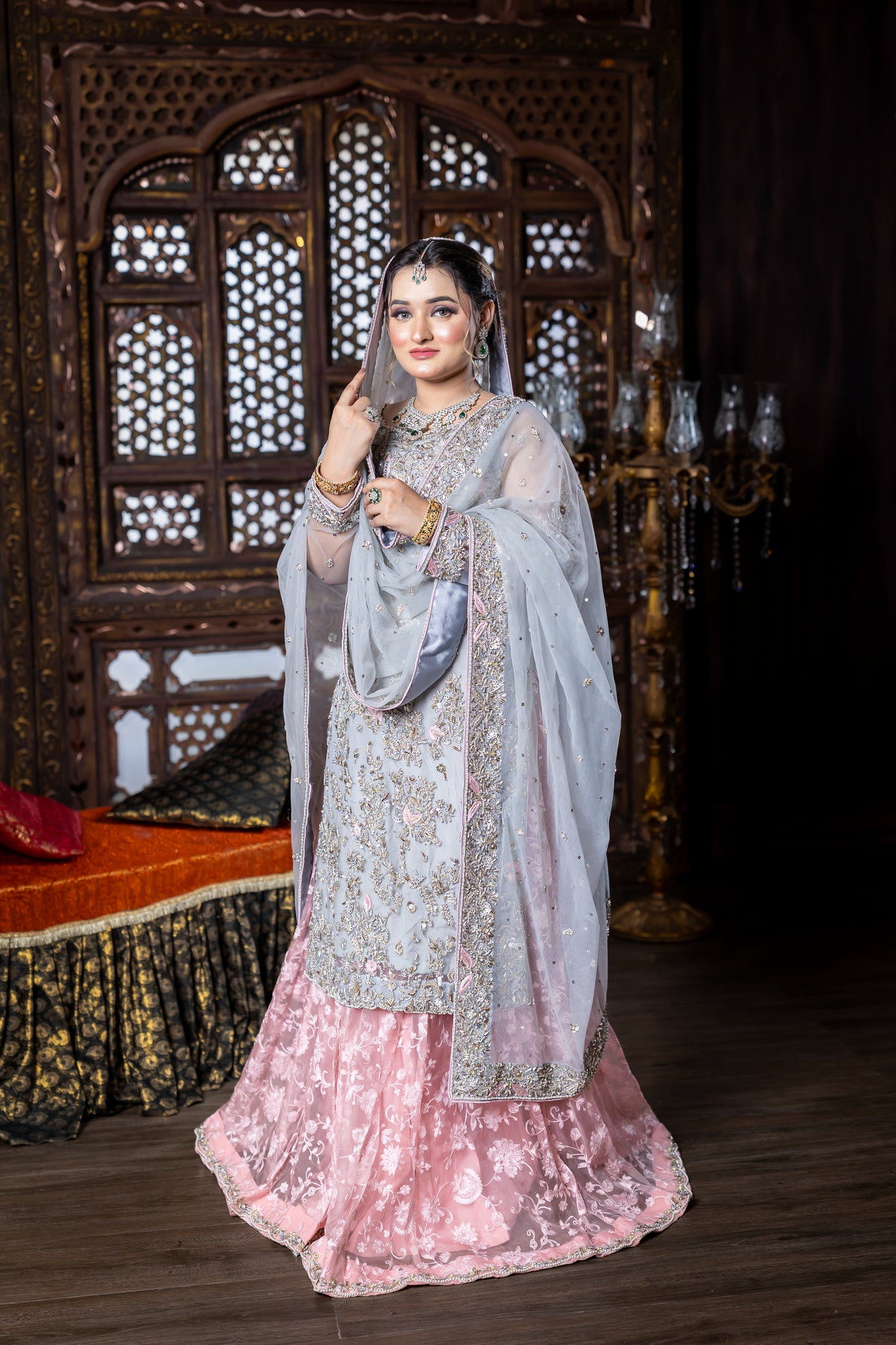 Zohra sky blue and pink organza bridal dress with dupatta & lehenga – Nikah & Walima bridal wear by MariamRaj.com.