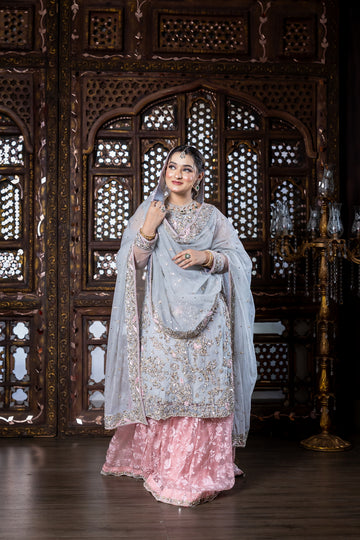 Zohra sky blue and pink organza bridal dress with dupatta & lehenga – Nikah & Walima bridal wear by MariamRaj.com.