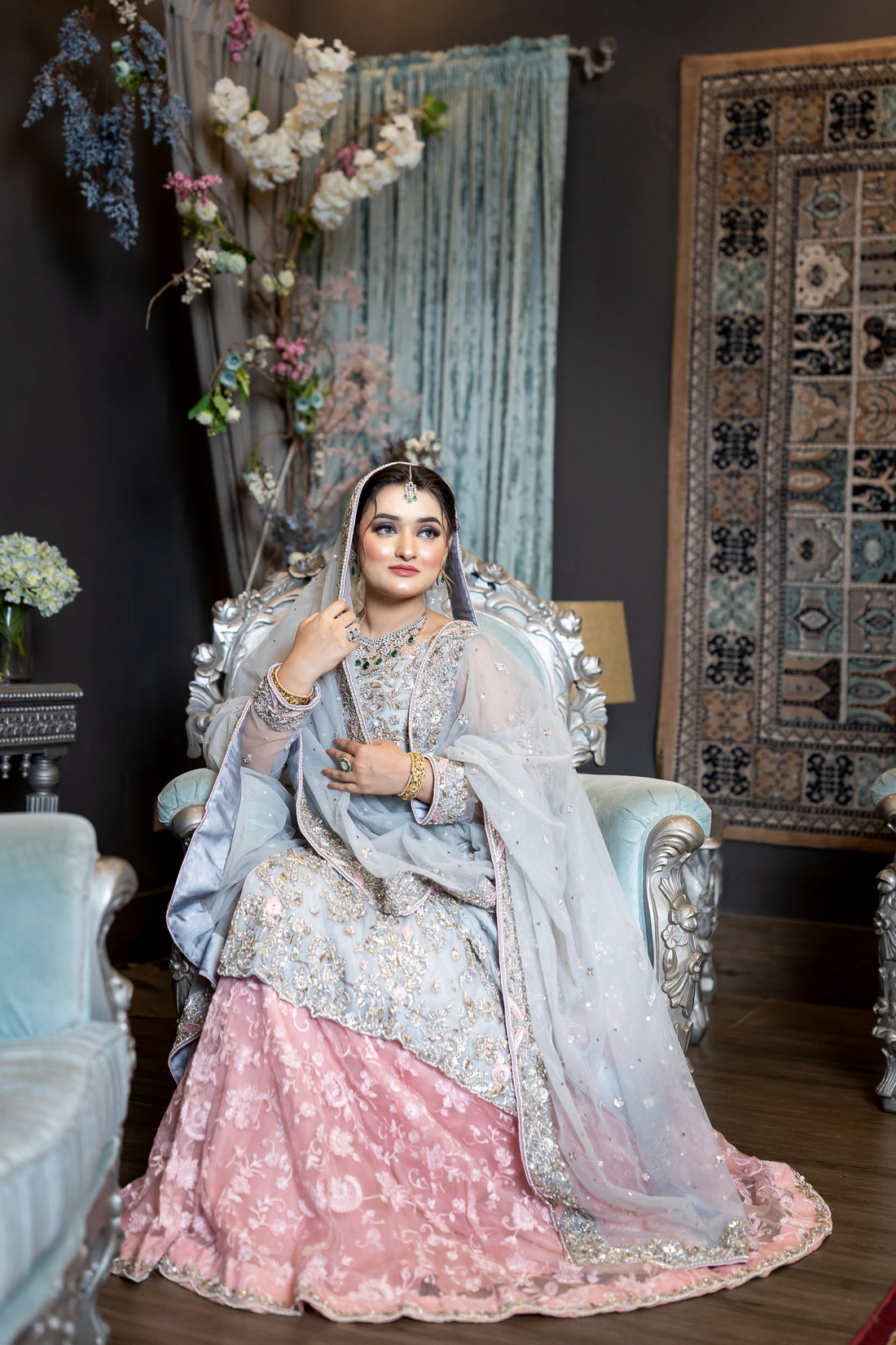 Zohra sky blue and pink organza bridal dress with dupatta & lehenga – Nikah & Walima bridal wear by MariamRaj.com.