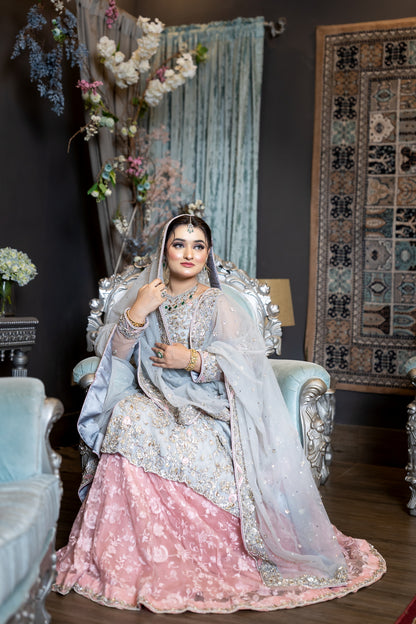 Zohra sky blue and pink organza bridal dress with dupatta & lehenga – Nikah & Walima bridal wear by MariamRaj.com.