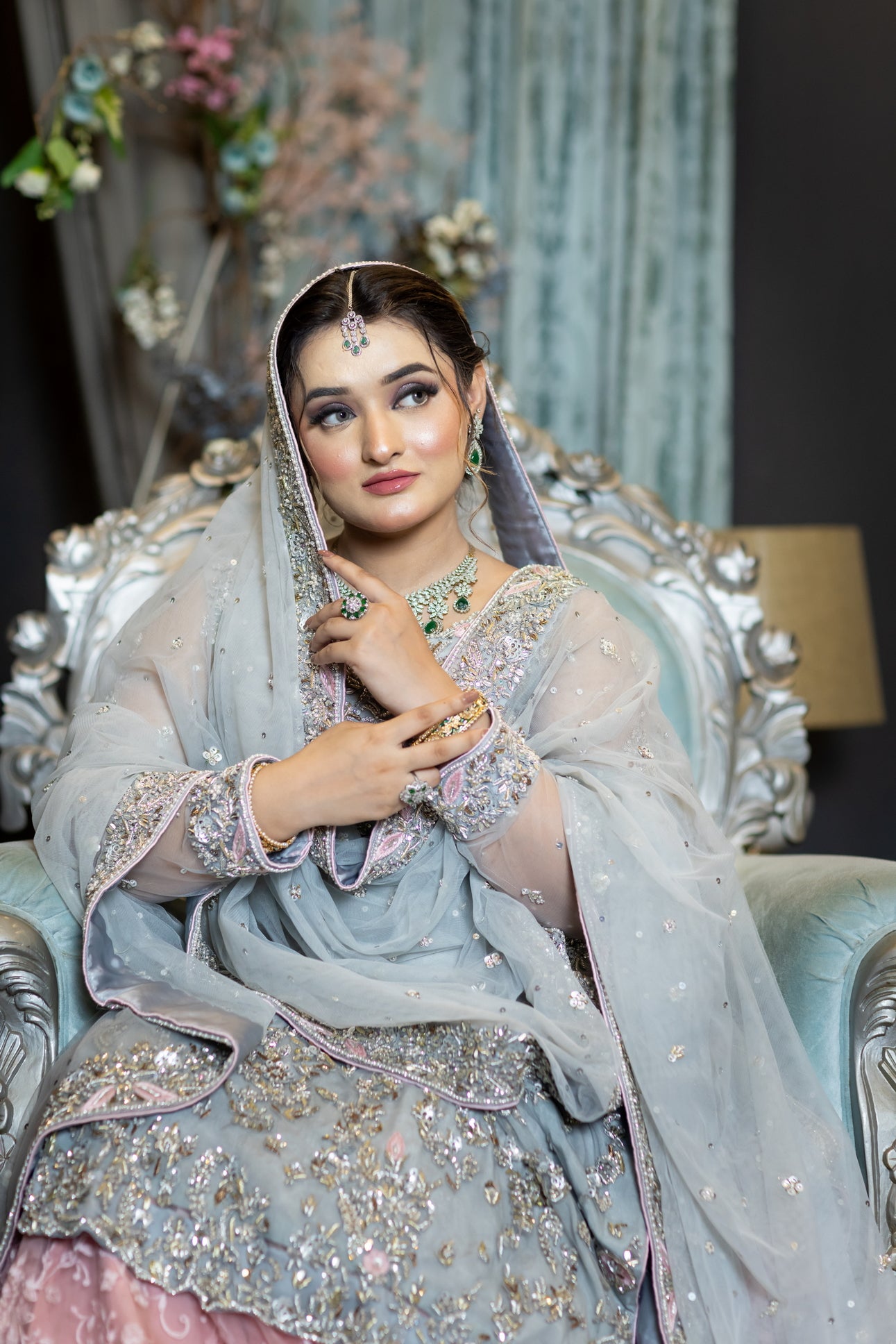 Zohra sky blue and pink organza bridal dress with dupatta & lehenga – Nikah & Walima bridal wear by MariamRaj.com.