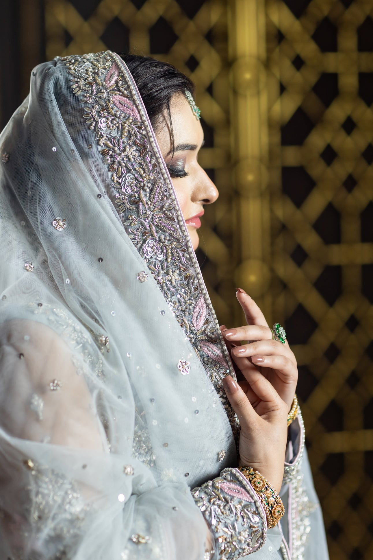 Zohra sky blue and pink organza bridal dress with dupatta & lehenga – Nikah & Walima bridal wear by MariamRaj.com.