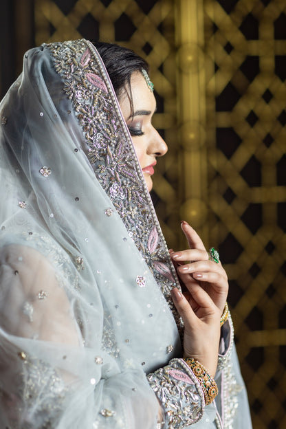 Zohra sky blue and pink organza bridal dress with dupatta & lehenga – Nikah & Walima bridal wear by MariamRaj.com.